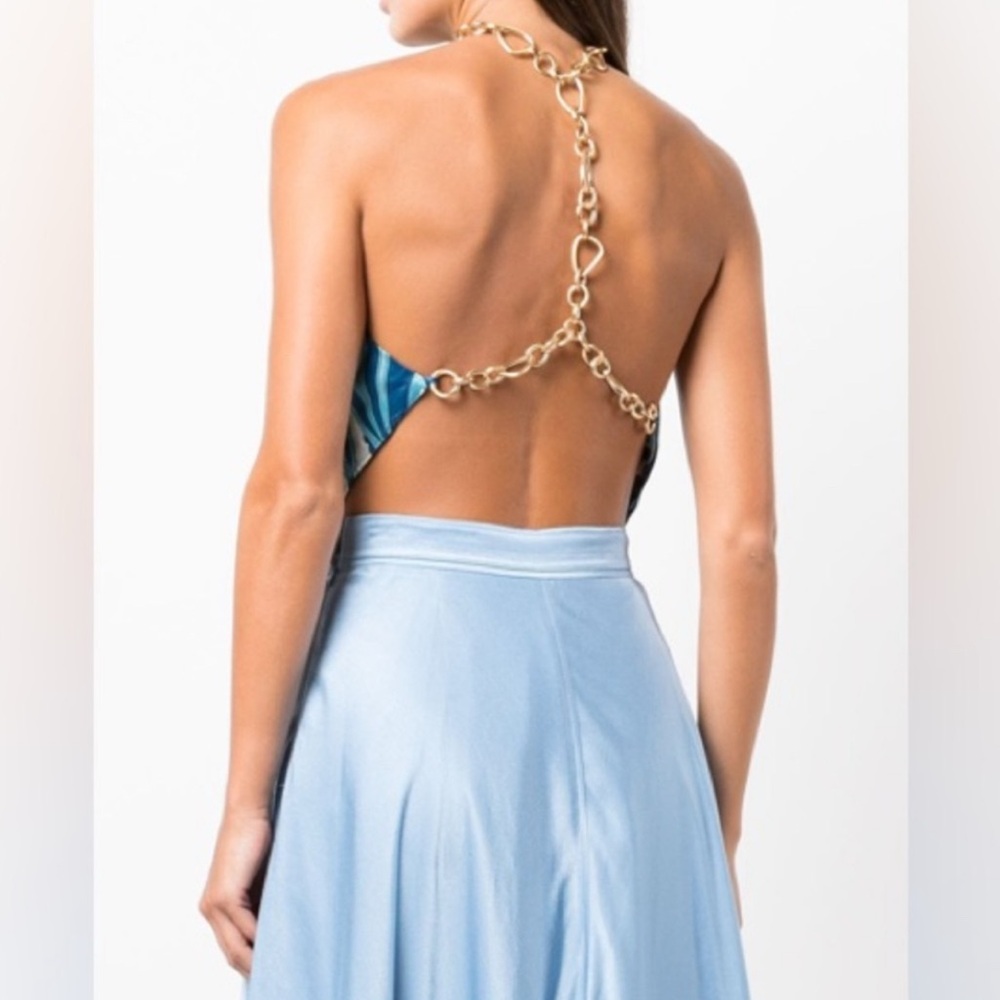 NWT Cult Gaia Olivine Backless Gold Chain Detail Halter Crop Top Paisley Blue M - Picture 2 of 9